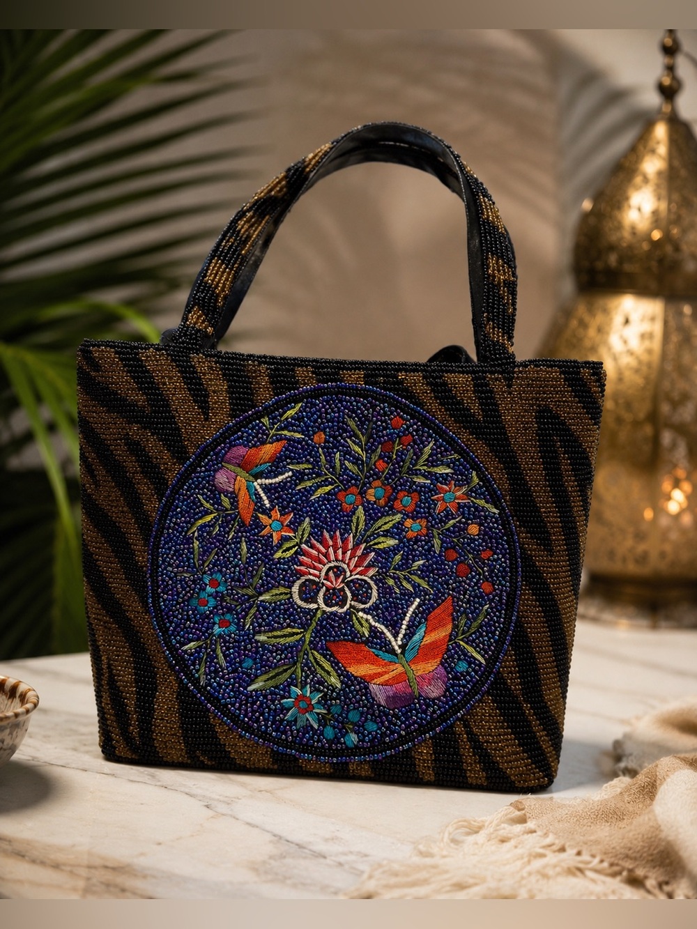 Hand Beaded Tiger Print Tote Purse | Embroidered Bird & Floral Medallion Bag